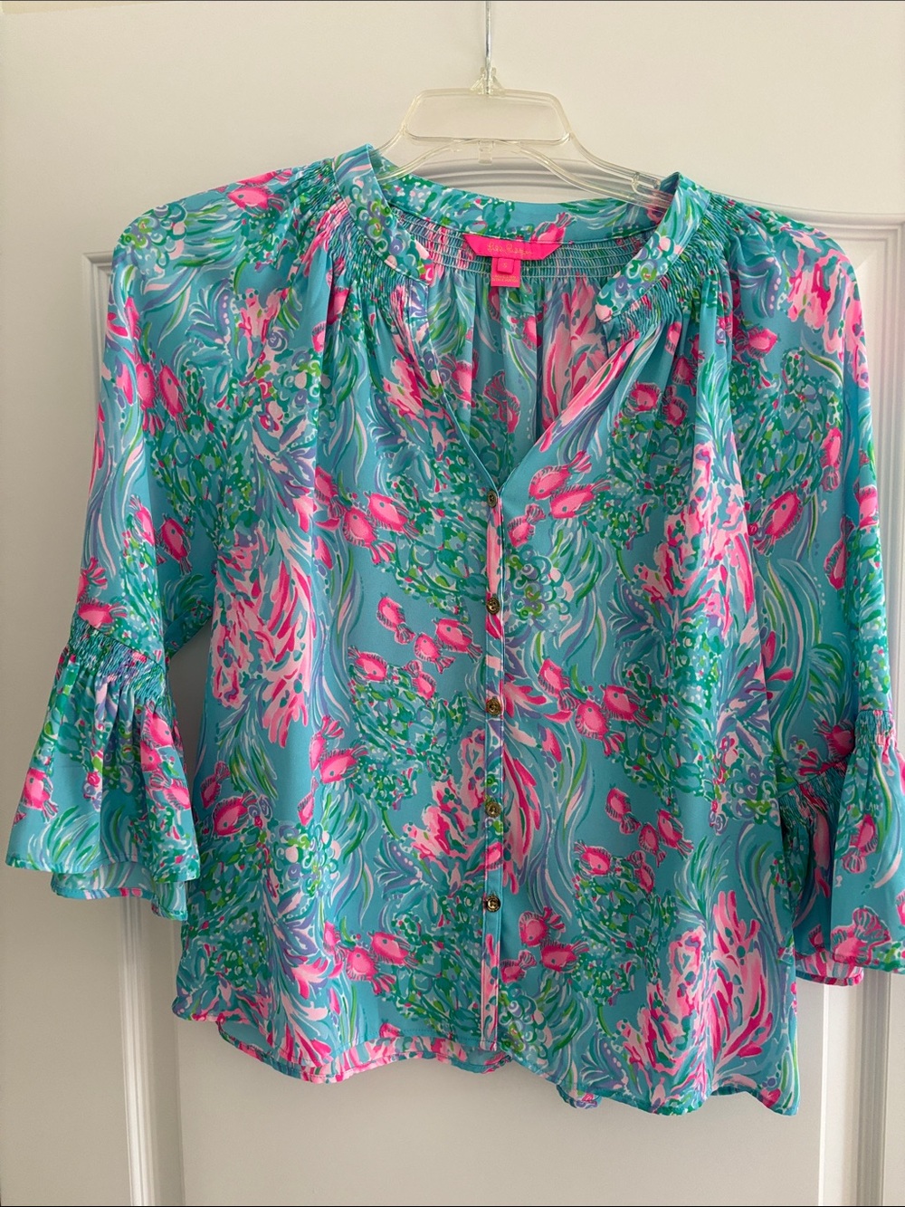 Lilly Pulitzer Turquoise Pink Floral Button-Front Blouse